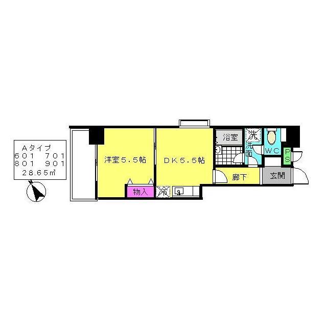 ソリュージュ山手(1DK/7階)の間取り写真