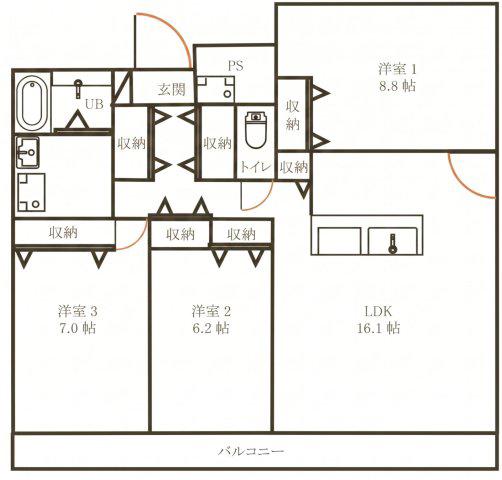向町マンション 2BY2(3LDK/5階)の間取り写真