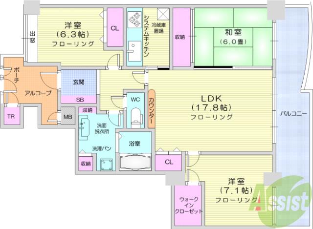 ライオンズタワー仙台広瀬(3LDK/15階)の間取り写真