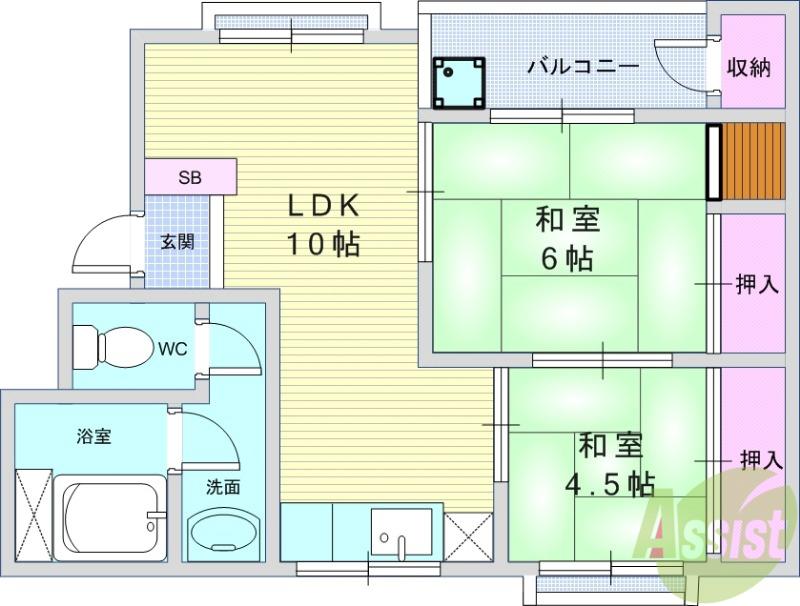 旭ヶ丘コーポ(2LDK/2階)の間取り写真
