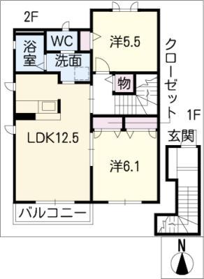 オランジュ太子 ウエスト(2LDK/2階)の間取り写真