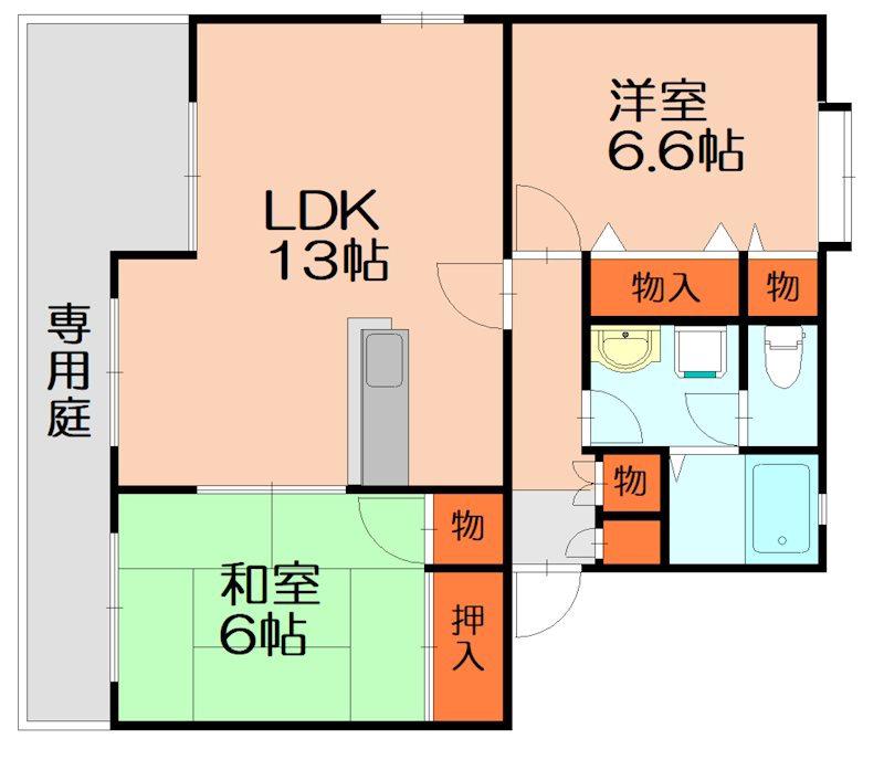 ラ・マルシュ長者原B(2LDK/1階)の間取り写真