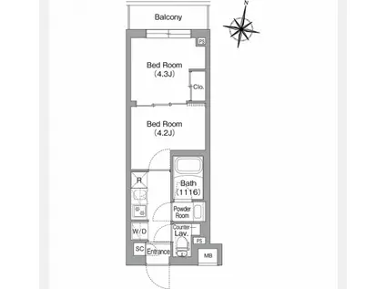 コンフォリア・リヴ東中野(2K/1階)の間取り写真