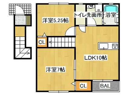 フォレスト平野B 西棟(2LDK/2階)の間取り写真