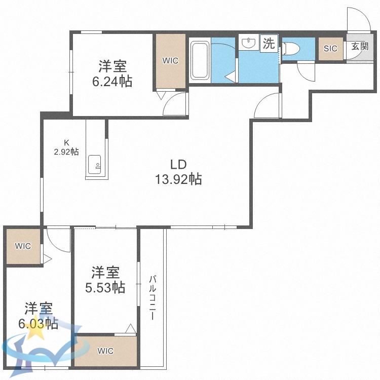 SーRESIDENCE琴似4条(3LDK/2階)の間取り写真