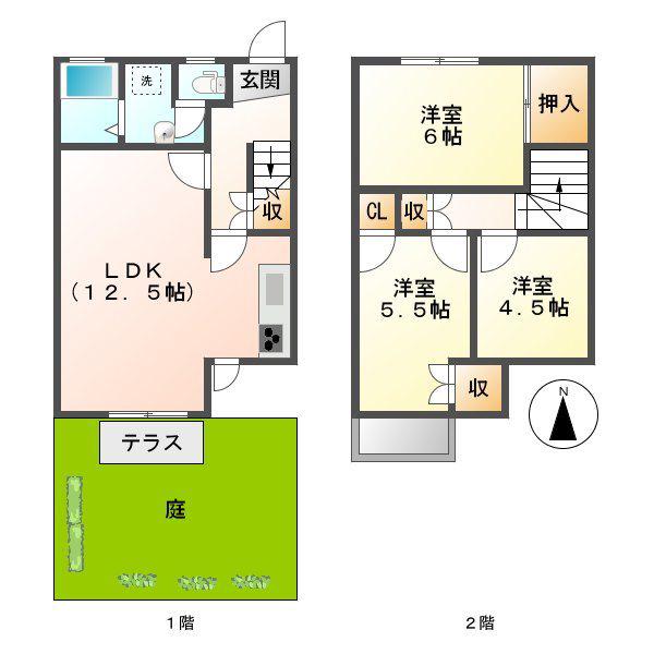 タウンハウスヒルズE(3LDK/2階)の間取り写真