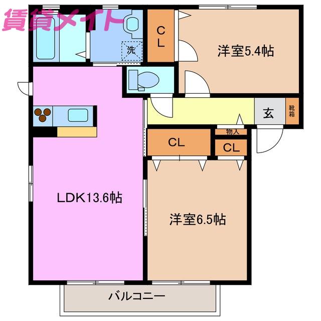 ミラソルドゥーエA棟(2LDK/2階)の間取り写真