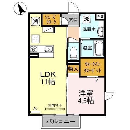 オリーヴァ東櫛原B棟(1LDK/1階)の間取り写真