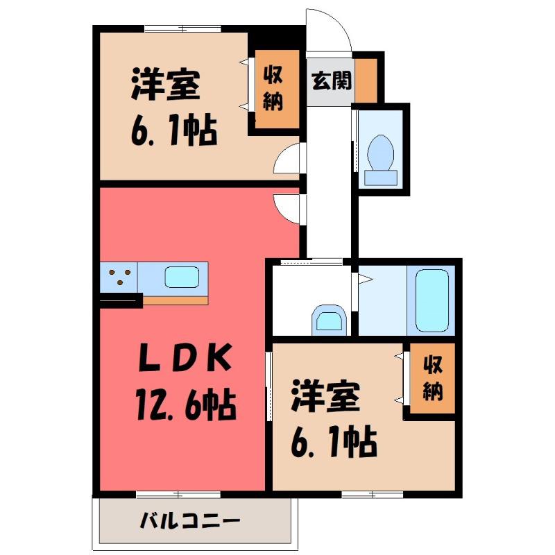 ＪＲ宇都宮線 古河駅 バス乗車時間：29分 最寄りバス停で下車 徒歩4分 2階建 築14年(2LDK/1階)の間取り写真