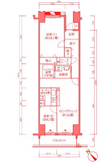 ルリエ横浜長者町(2LDK/12階)の間取り写真