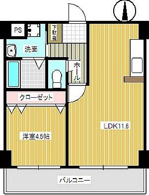 ウイングコート六軒(1LDK/4階)の間取り写真