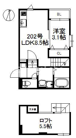 スコルピオ姪浜(1LDK/2階)の間取り写真
