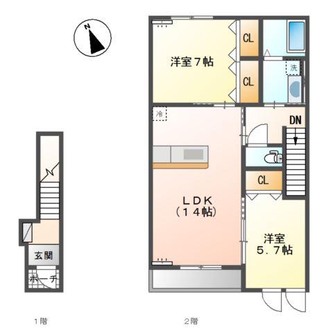 サイフィス(2LDK/2階)の間取り写真