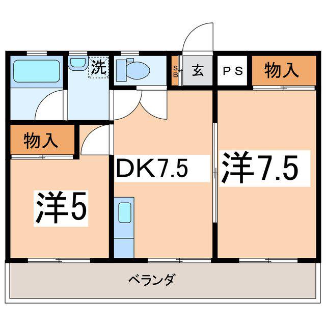 ハイツ初鹿野(2DK/2階)の間取り写真