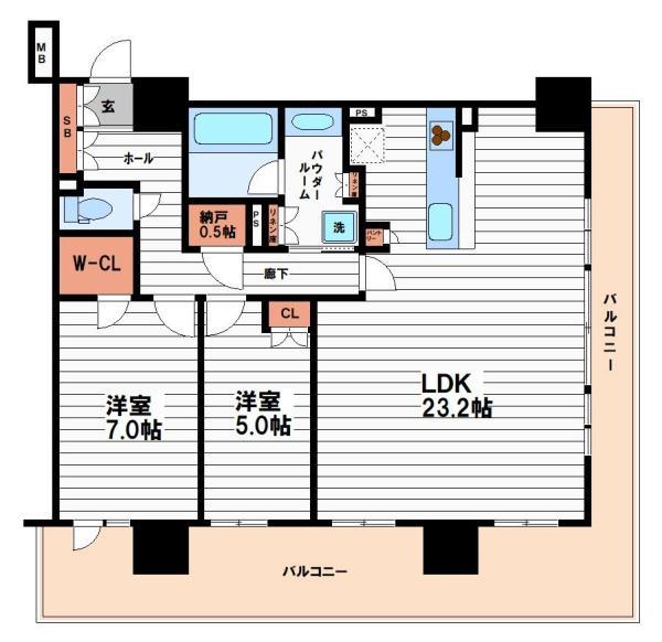 ブランズタワー御堂筋本町(2LDK/23階)の間取り写真