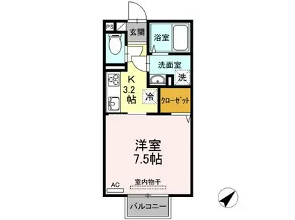 カレッジタウン E・F棟(1K/2階)の間取り写真