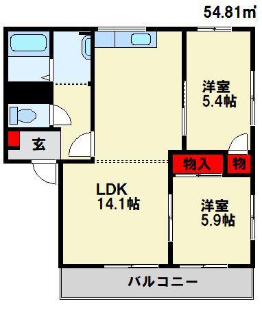 アーバン十字路B棟(2LDK/1階)の間取り写真