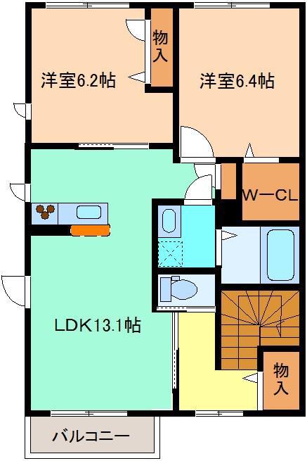 ボタンヴュー B(2LDK/2階)の間取り写真