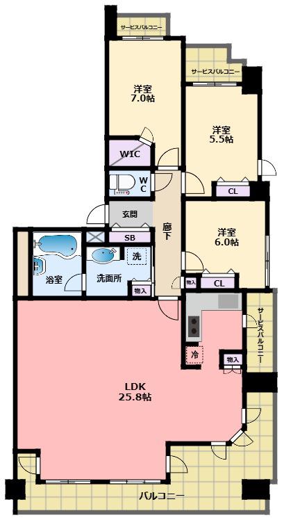 ライオンズマンション香枦園プラージュ(3LDK/5階)の間取り写真