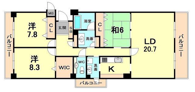 ビクトリアコート夙川(3LDK/6階)の間取り写真