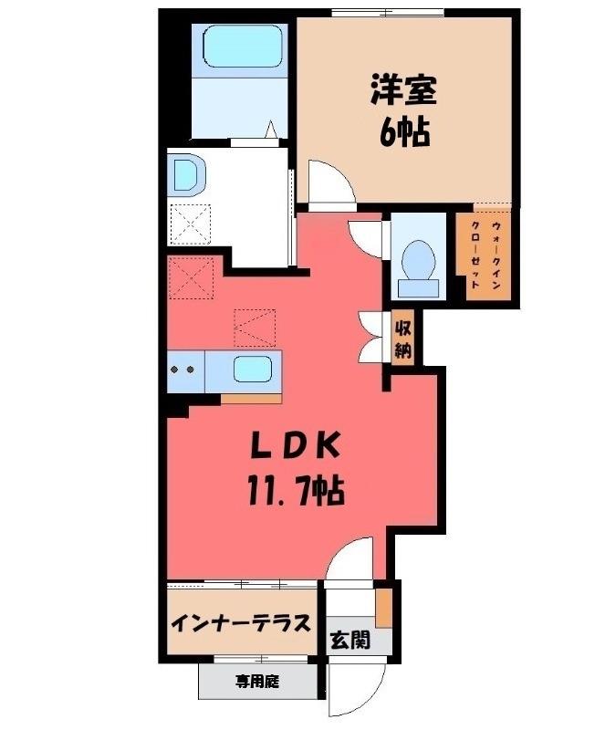 東武伊勢崎線 館林駅 徒歩22分 2階建 築1年(1LDK/1階)の間取り写真