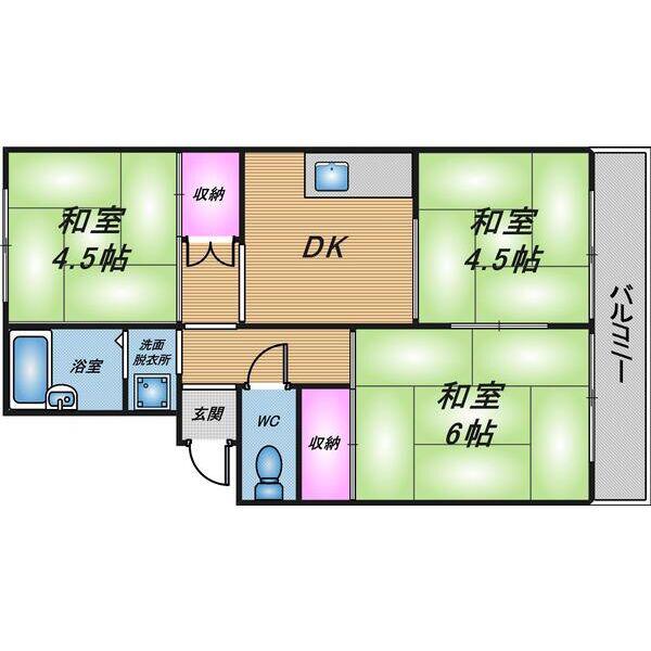 ライズイングマンション C棟(3DK/1階)の間取り写真