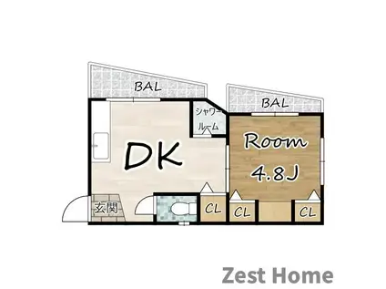 ウエストリバー西難波(1DK/2階)の間取り写真