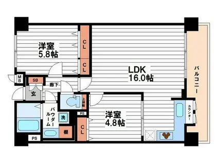 シャルマンフジリッツ夕陽丘(2LDK/4階)の間取り写真
