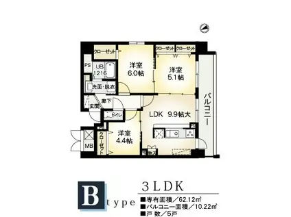 アネックス六兵衛Ⅲ番館(3LDK/6階)の間取り写真