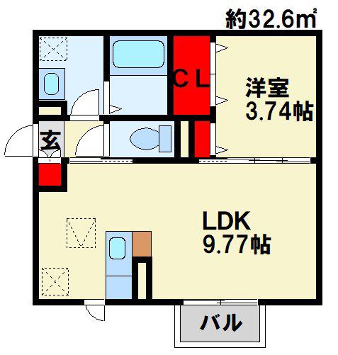 ハイヒルズ城野(1LDK/1階)の間取り写真