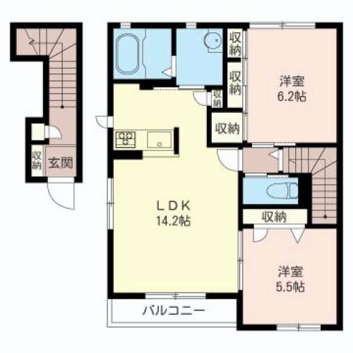 リヴィエールコートA棟(2LDK/2階)の間取り写真