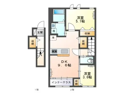 ボヌール(2DK/2階)の間取り写真