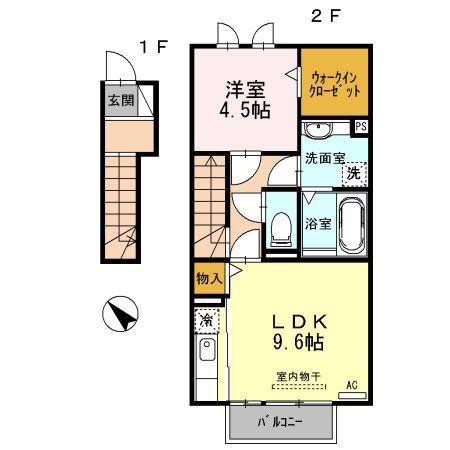 エスポワール岡宮(1LDK/2階)の間取り写真