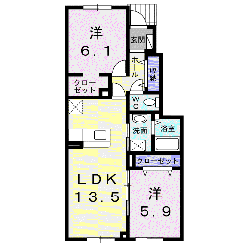 滝川市緑町6丁目2LDKアパート(2LDK/2階)の間取り写真