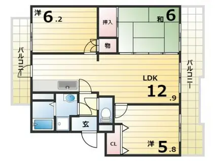 井吹東シティコート1号棟 Fタイプ 角(3LDK/1階)の間取り写真