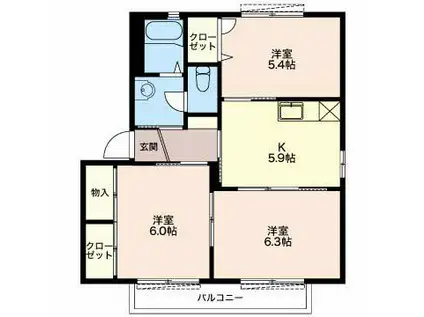 カーサ・ルミエールH棟(3K/2階)の間取り写真