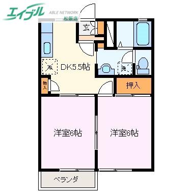 ハービス斎宮(2DK/1階)の間取り写真