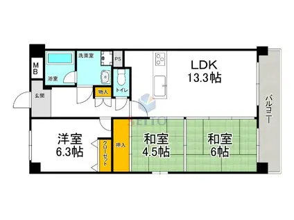 パインコート江坂I(3LDK/2階)の間取り写真