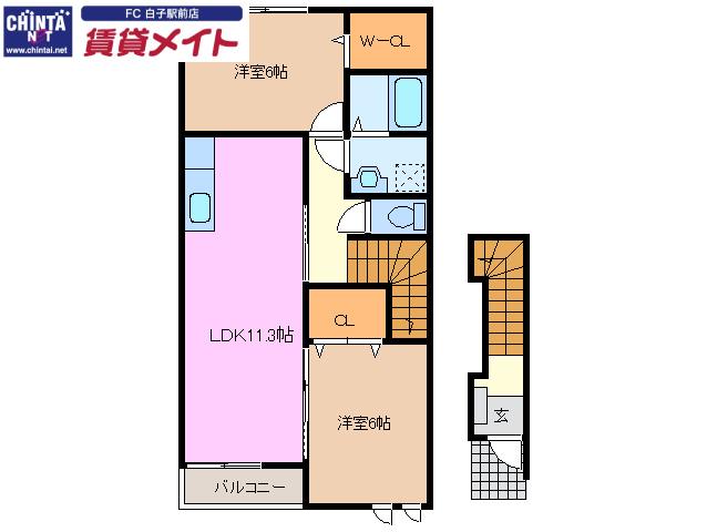 ランドマーク・レーヴA(2LDK/2階)の間取り写真