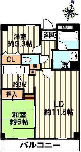ボヌール御影(2LDK/2階)の間取り写真