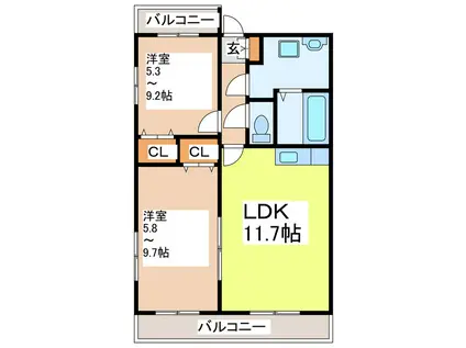 MIYAJINOコートステージ(2LDK/2階)の間取り写真
