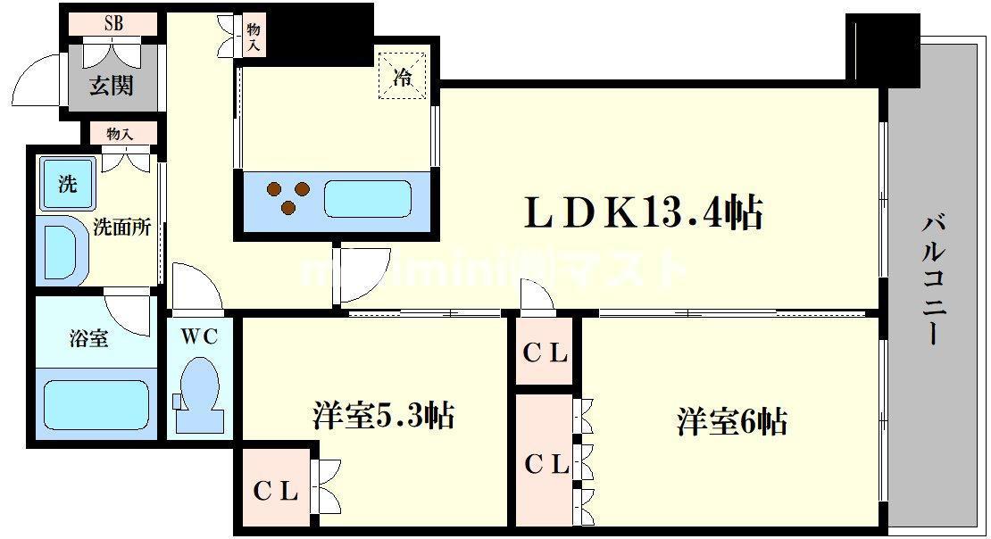 阿波座ライズタワーズフラッグ46(2LDK/32階)の間取り写真