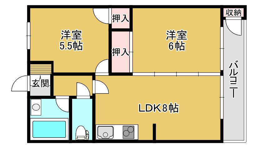 ユナイテッド南津留(2LDK/4階)の間取り写真