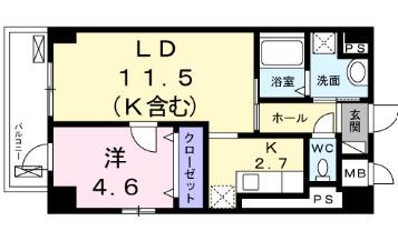 ウエスト宮ノ下(1LDK/2階)の間取り写真