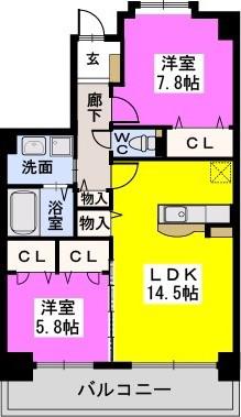 グラン・エルドール空港東(2LDK/9階)の間取り写真