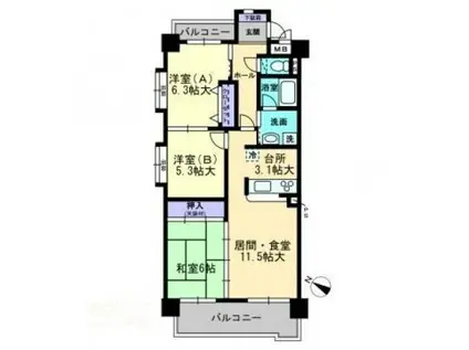 アンピール別府II(3LDK/5階)の間取り写真