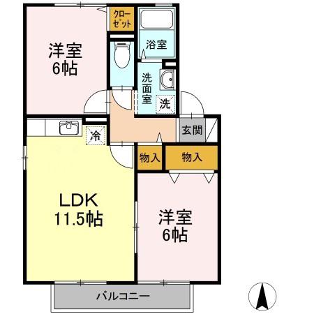 アスピラシオン B棟(2LDK/2階)の間取り写真