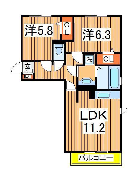エスポワールE(2LDK/2階)の間取り写真