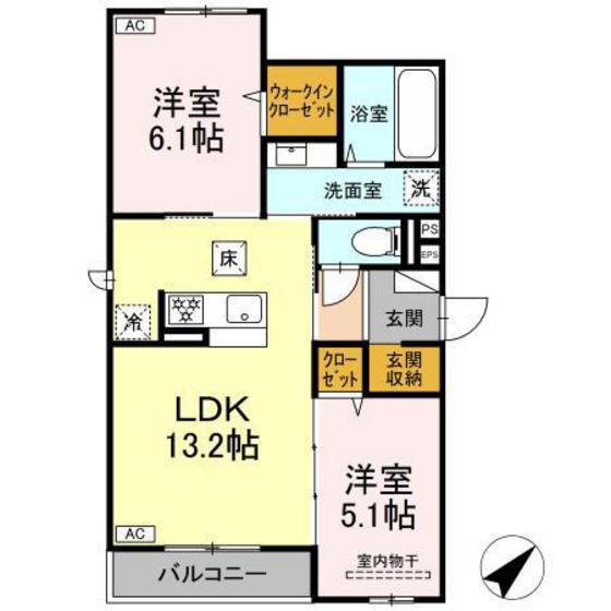 プレミア西条中央B棟(2LDK/1階)の間取り写真