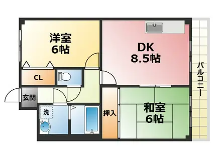 ロードハイツ甲東園(2DK/3階)の間取り写真